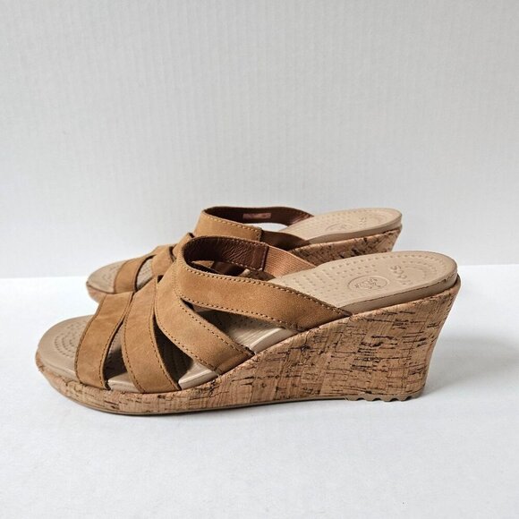 Crocs Shoes Womens 10 A-Leigh Strappy Nubuck Leather Cork Wedge Sandals - Picture 1 of 11